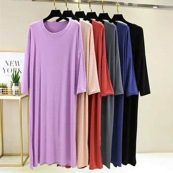 

Loose-Fit Long-sleeved Dress Women's Summer Crew Neck Loose-Fit Bit Cotton Base Skirt Slimming Belly Covering Thin Casual Long S