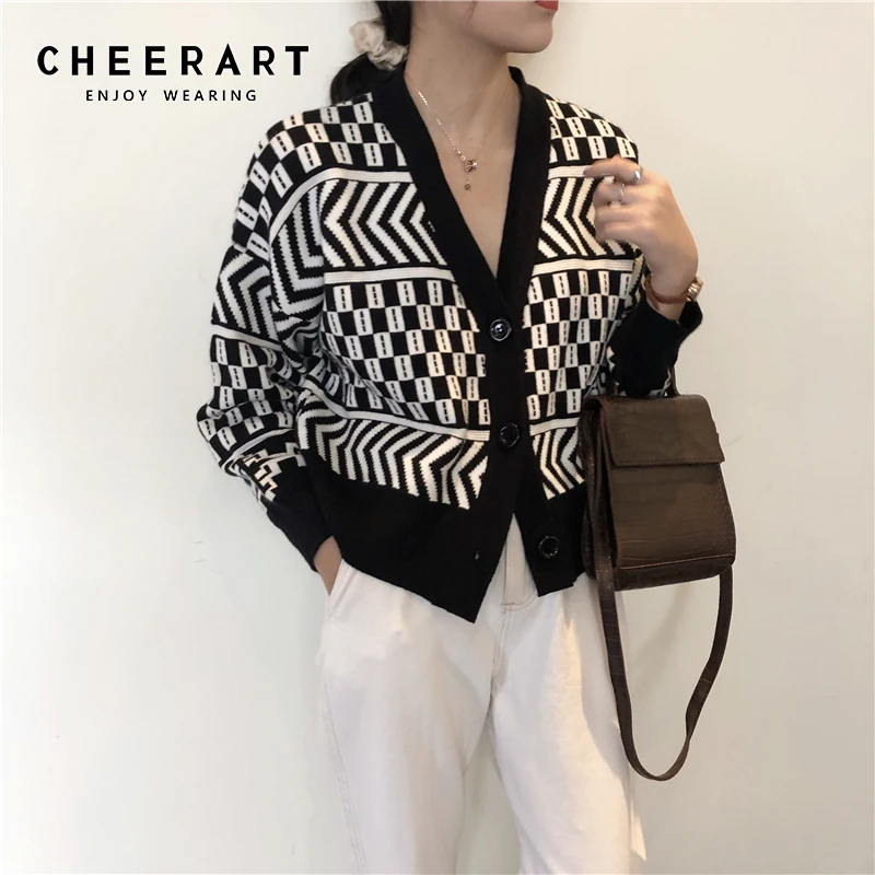 

CHEERART Vintage Cardigan Women V Neck Plaid Knitted Cardigan Sweater Long Sleeve Knit Top Black White Cardigan Femme