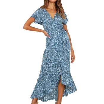 

SEXY Summer Long Maxi Dress Women Casual Boho Floral Print Chiffon Beach Dress Sexy V-Neck Ruffles Wrap High Slit Party Dress