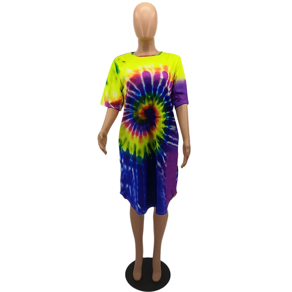Платье с принтом "Tie Dye" размера плюс, женская одежда, модное платье с карманами, Повседневная Свободная футболка, платья, уличная одежда - Цвет: Yellow