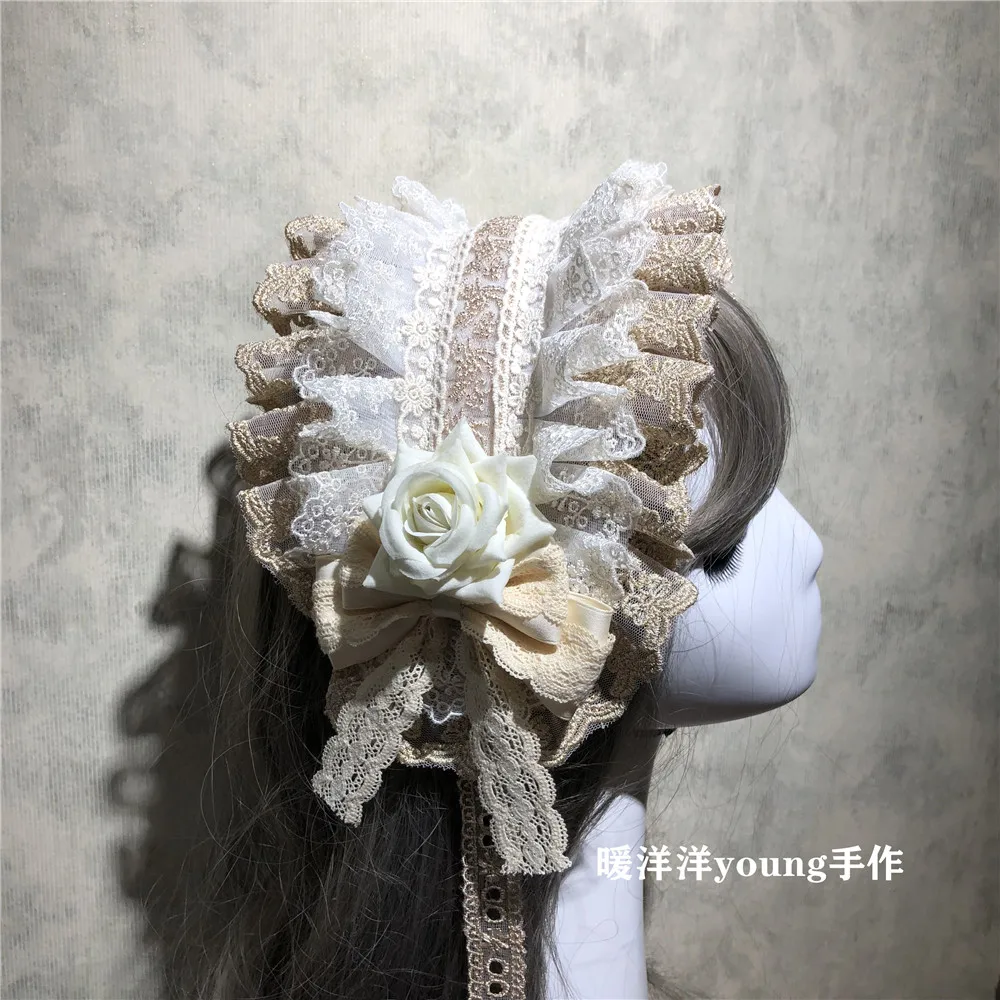 

Beige Series Lolita Girl Bow Lace Rose Hairband Handmade Japanese Retro Embroidery Elegant Princess Headband Hair Accessories