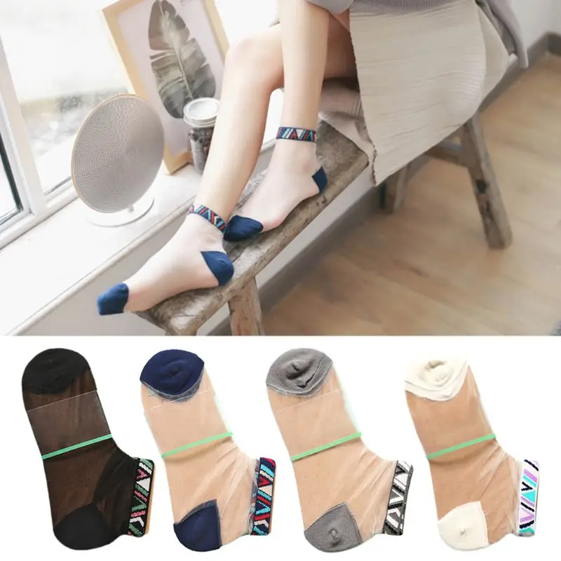 

Women Summer Ultra-Thin Glass Fiber Short Ankle Socks Contrast Color Triangle Print Cuffs Transparent Tube Hosiery