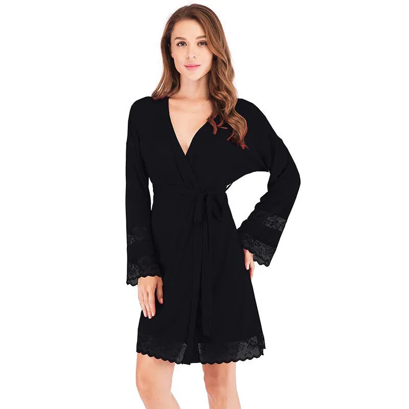 Black Сексуальные женские одеяния пижамы кружева отделкой кимоно с длинными рукавами нижнее белье в сдержанном стиле Ночная сорочка женский банный Халат - Цвет: Black
