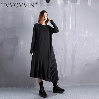 

China French Hepburn Style Long Sleeve Dresses Plus Size Irregular Patchwork Pleated loose Dress Women Black Loose Trend P048
