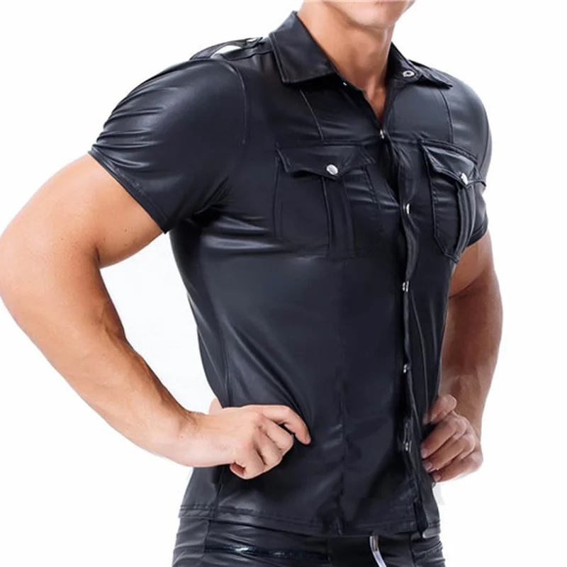 Men's T Shirts PU Leather Short Sleeve Slim Fit Shirts Male Dance Stage Clubwear T-shirt Male Streetwear Tops Tee Plus Size 3XL