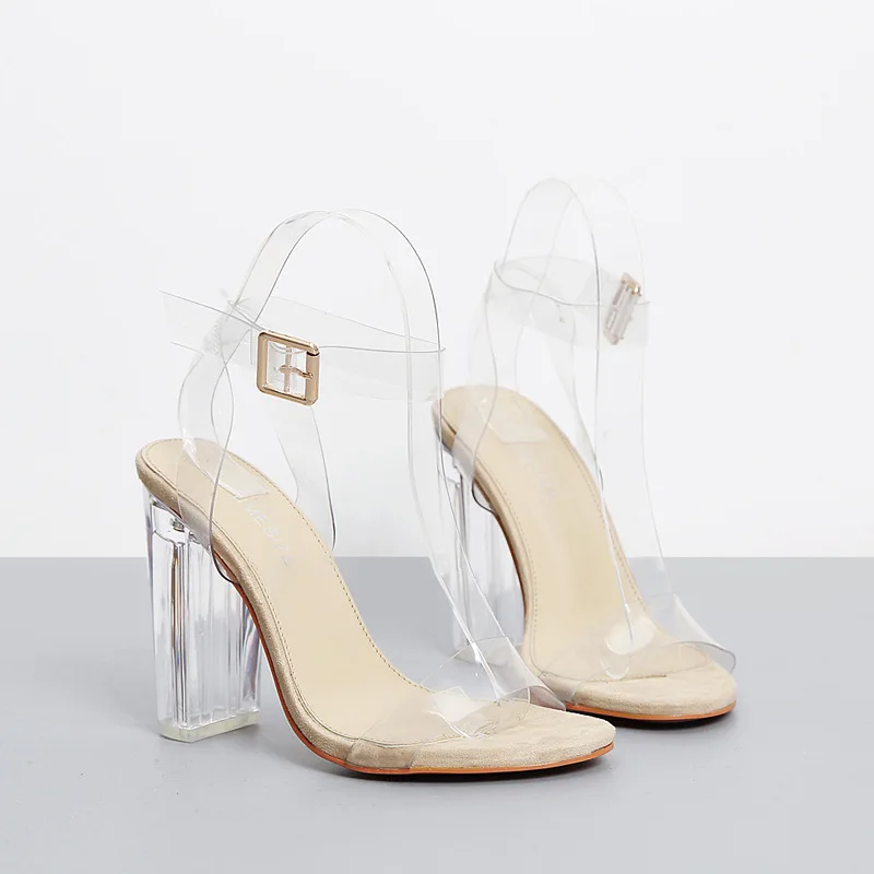 

Summer Women Ankle Strap Sandals Transparent PU Buckle Strap Square heel 11.5CM High Heels Sandals Women Shoes Sexy Pumps