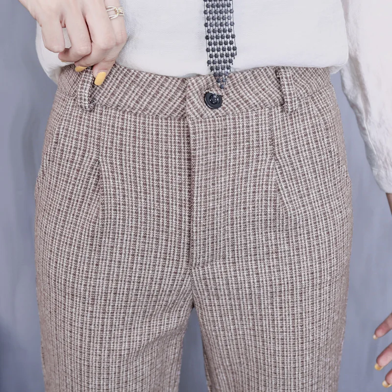 Spring Straight Wool Plaid Women Pants Ankle-Length Casual Office Lady Suit Pants Trousers Pantalon Femme