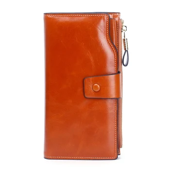 

Woman Vintage Antimagnetic Blocking Test Card Holder Clutch Oil Waxed Leather Organizer Wallet Purse Large Capacity Luxury