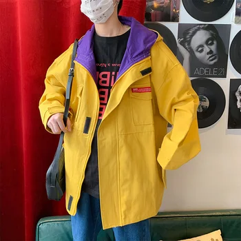 

2019 Spring And Autumn New Korean Men's Japanese Trend Hooded Plaid Stitching Tooling Loose Casual Street Jacket