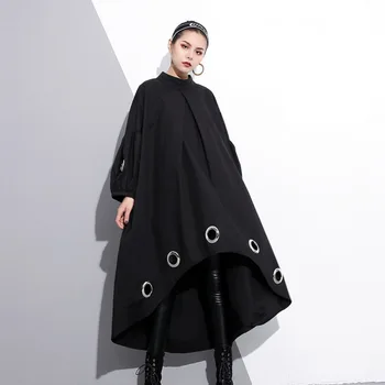 

2020 New Spring Round Neck Long Sleeve Solid Color Black Irregular Dress Metal Ring Loose Hollow Out Dress Women Fashion Tide