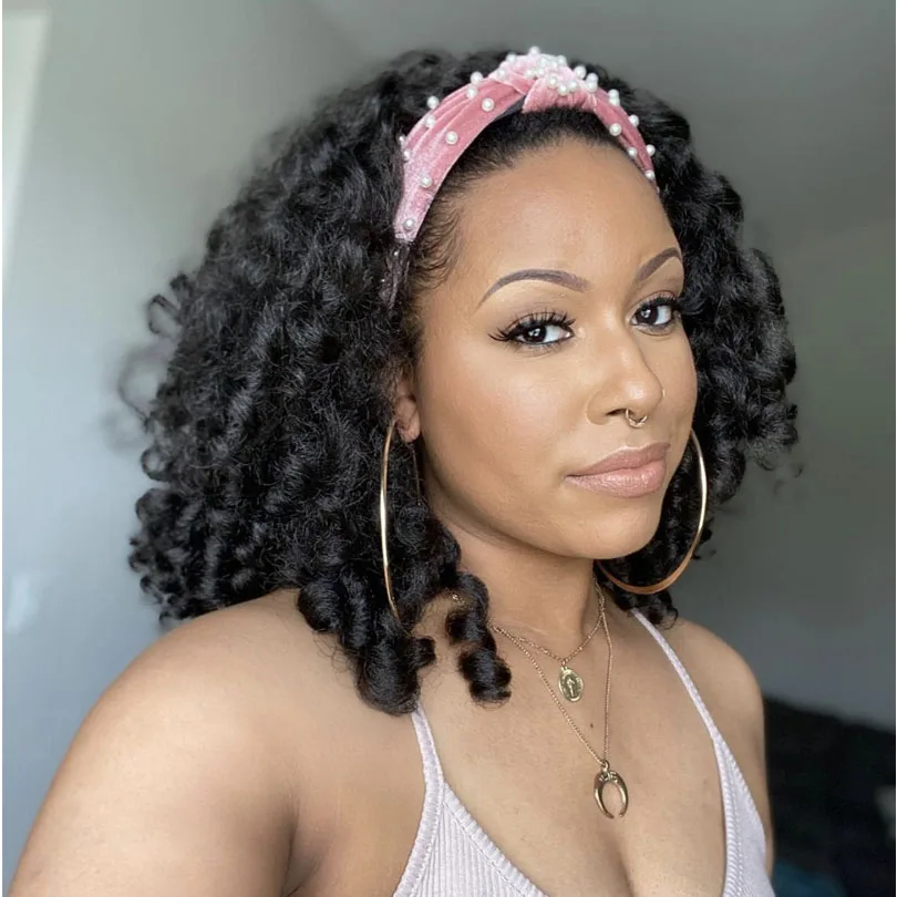 

16inch 200 Density Malaysian Bouncy Curly Human Hair Wigs For Women Gluelss Remy Hair Headband Wig Short Curly Natural Color