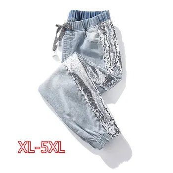 

Plus Size Side Sequins Jeans Ankle Length Jogger 3Xl 4Xl Spring Summer Lady Light Blue Elastic Waist Capris Jean Denim Pants