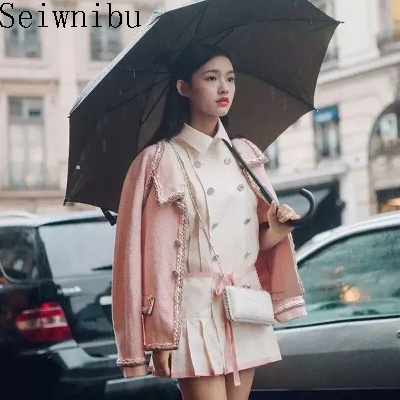 

Fall 2019 New Women Long Sleeves Contrast Color Trim Tweed Jacket With Front Pockets & Braided Edge - Ladies Tweed Jacket