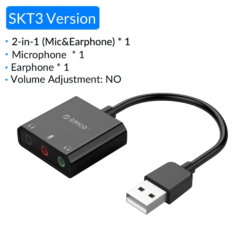 SKT3 Многофункциональная USB внешняя звуковая карта ORICO+ 1 разъем для микрофона 3,5 мм адаптер для отключения звука Регулировка громкости Бесплатный привод - Цвет: SKT3