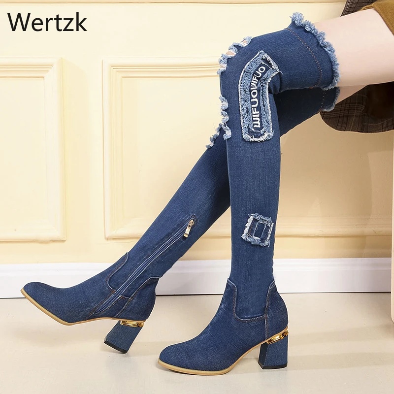 

2019 Denim over the knee boots woman high heels women wedding party shoes woman boots rouned toe autumn winter boots B216