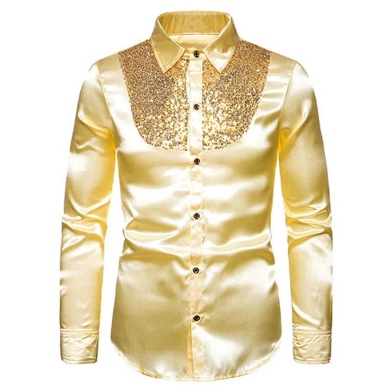 

Men Sequin Shiny Shirt Wedding Party Stage Luxury Shirts Fashion Golden Gilter Men Shirt Nightwear Clothes Men Clubwear