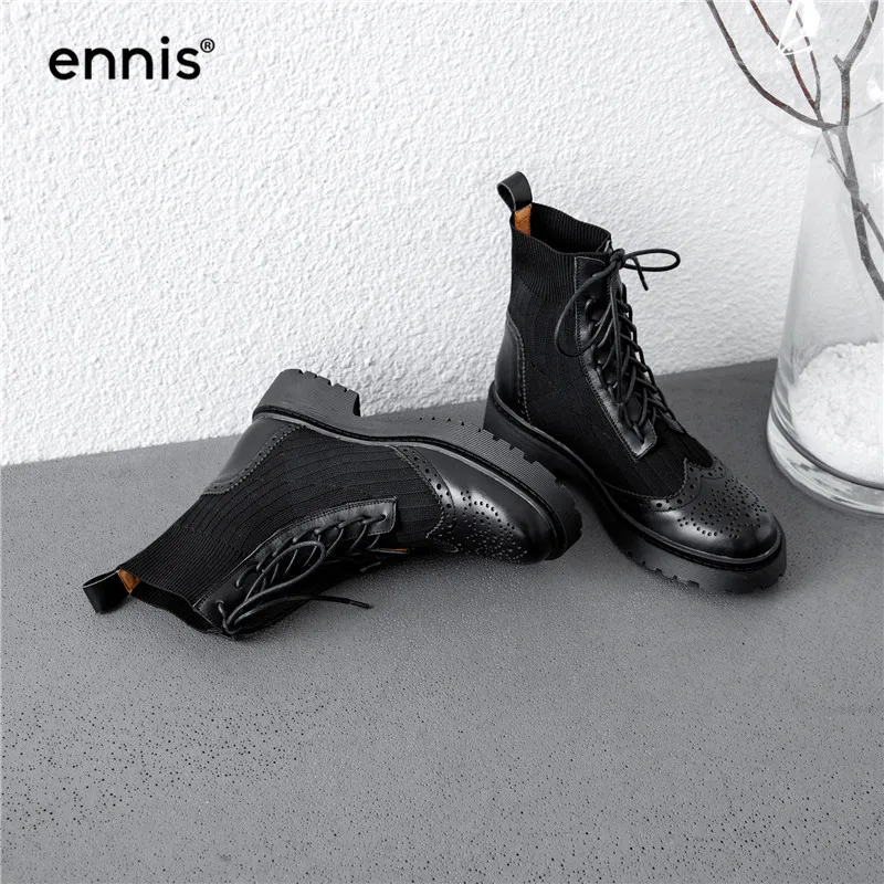 ENNIS/осенне-зимние ботильоны; броги; женские Ботинки martin из натуральной кожи; ботинки на плоской платформе со шнуровкой; черная вязаная обувь; A9339