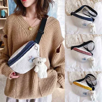 

QCARDIAN Fashion Women Woolen Waist Packs Bear Hanging Ornament Shoulder Zipper Waist Bag Casual Chest Bag Women Messenger Bag
