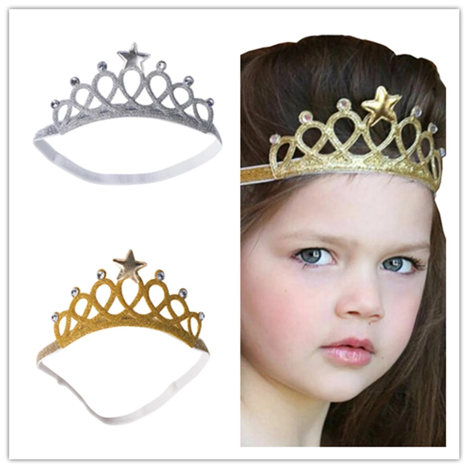 Diadema AA de 1 Uds para niña, diadema dorada y plateada para niña recién nacida, diademas de corona de princesa, cintas elásticas para el cabello para niña, banda para el cabello de cumpleaños