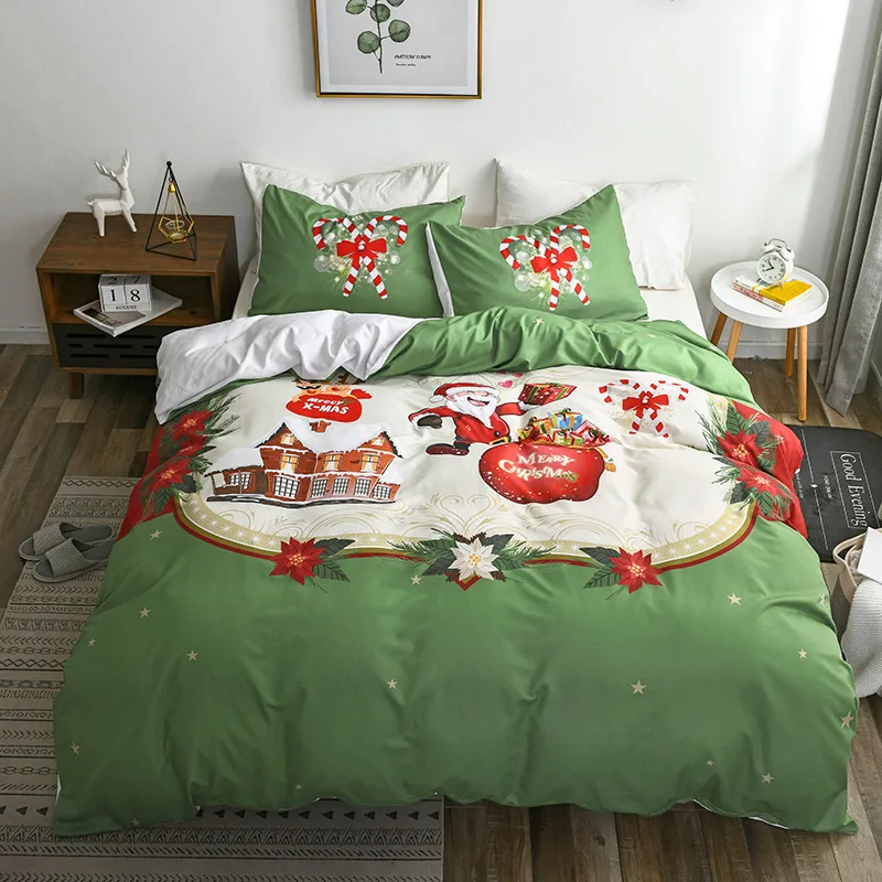

WUJIE 2/3PCS Christmas Bedding Sets Santa House Pattern Quilt Cover with Pillow Cases Twin/Queen/King Size 3D Duvet Cover Sets