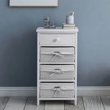 

Home Storage Shelf White 4-layer With A Wooden Drawer And Three Rattan Basket Drawers Versatile Exquisite Modern Bedside Table