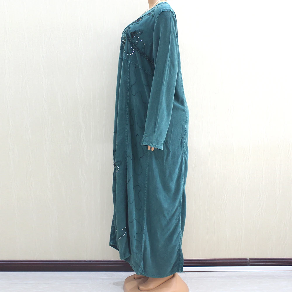 Dashikiage Модное Новое зеленое хлопковое Африканское длинное платье с длинными рукавами и аппликацией, повседневные платья для женщин