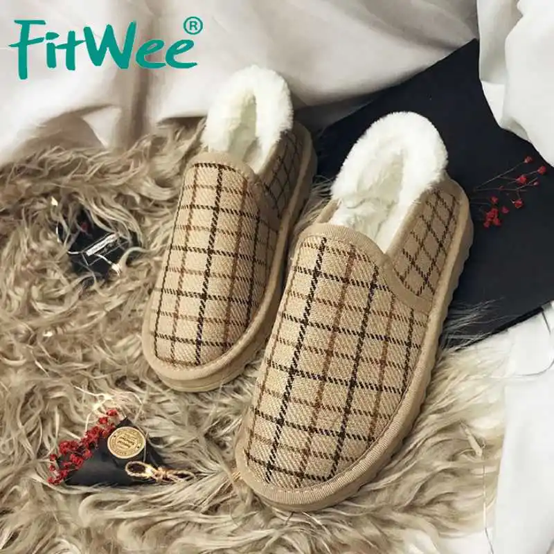 FITWEE/Новые клетчатые ботильоны для женщин зимняя теплая меховая обувь на плоской