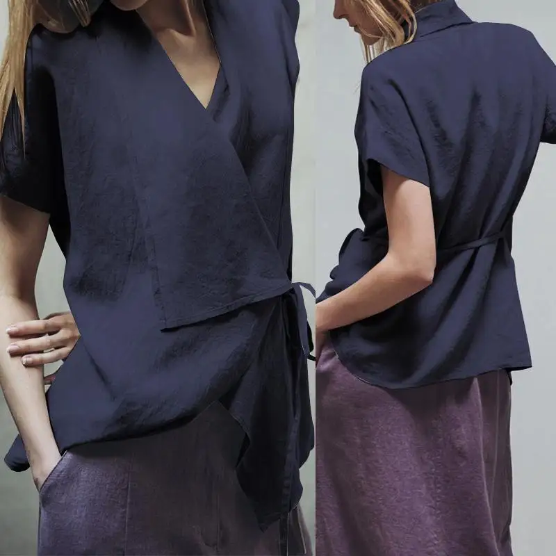 ZANZEA/Женская необычная блузка, летний хлопковый топ с короткими рукавами, туника с отворотом, Повседневная рубашка со шнуровкой, Femininas Blusas, большие размеры
