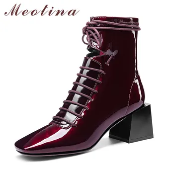 

Meotina Real Leather High Heel Short Boots Ankle Boots Women Shoes Square Toe Block Heels Zip Lace Up Boots Lady Autumn Black 41