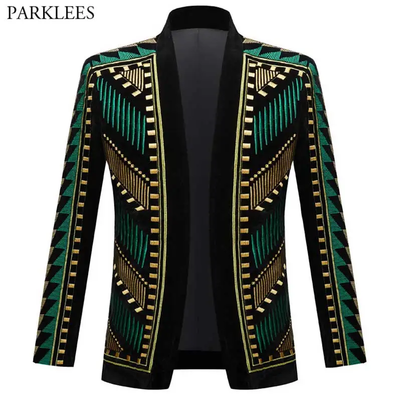 Luxury African Embroidery Cardigan Blazer Jacket Men Shawl Lapel Slim Fit Striped Suit Jacktes for Party Prom Wedding