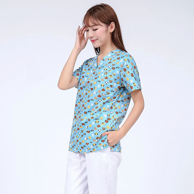 Dog Shirt Медицинская форма, мультяшная собака слон, хлопок, клиническая форма, женские топы, медсестры, лабораторное пальто, хирургическое, с милым принтом - Цвет: Dog Shirt