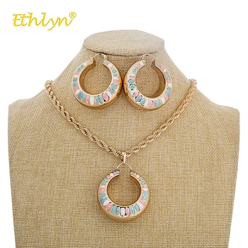 

Ethlyn Nigerian Necklace Jewelry Set Hollow Round Colorful Big Earrings Pendant for Women Trendy Bridal Jewelry Sets Accessories