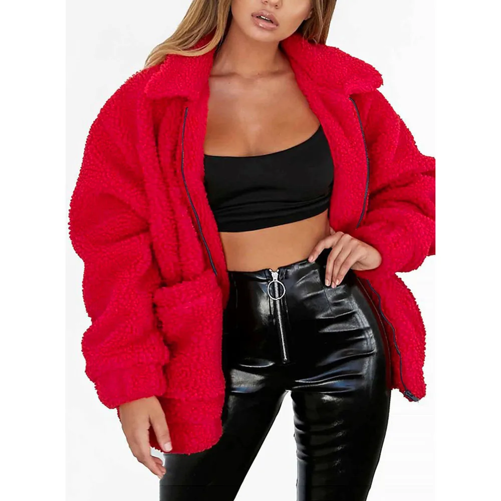 

Warmness XXL Teddy Coat Women 2019 Winter Jacket Fleece Bear Lazy Fashion Fluffy Jackets Solid Red Outwear Thick Plush Overcoat