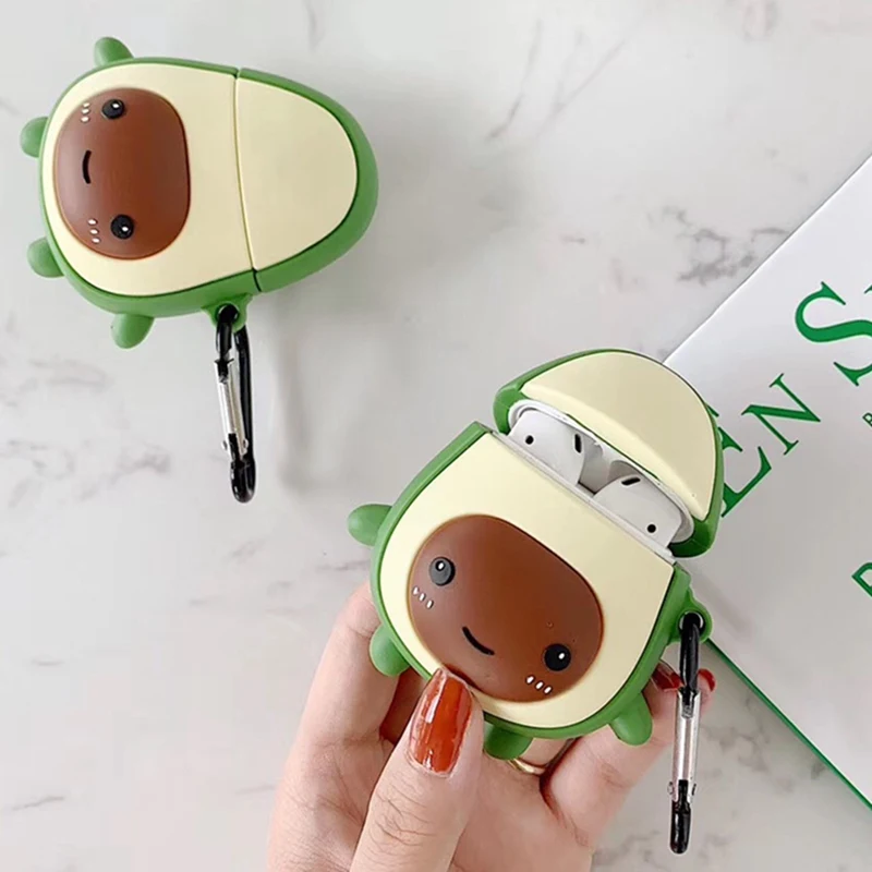 Avocado Headphone Case For Apple Airpods 1 2 Cute 3D Cartoon Avocado 3D Wireless Bluetooth Headset Silicone Cover with Hook