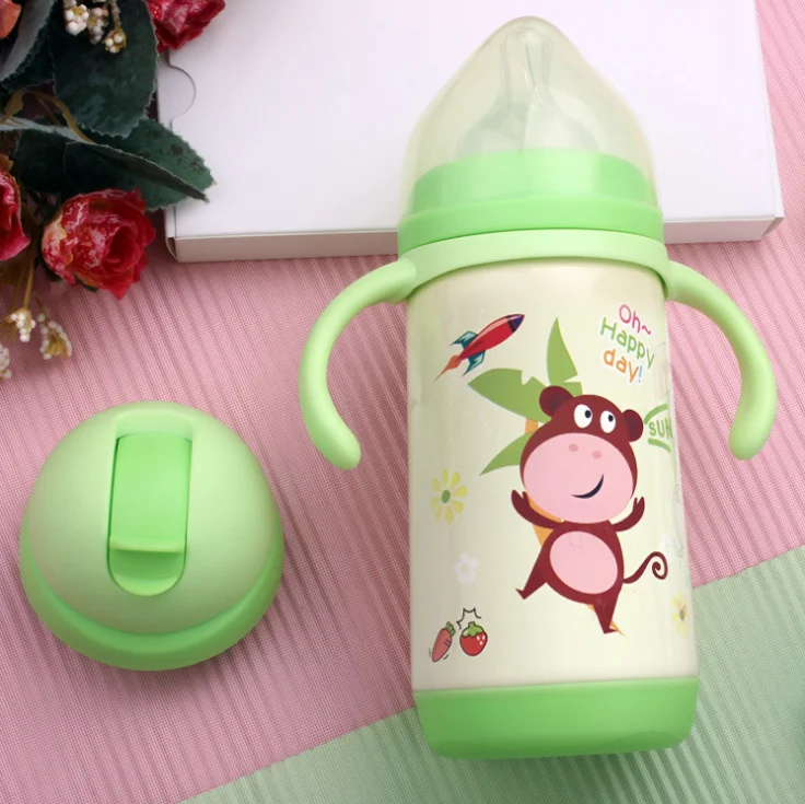 Bpa-free 300 мл детская питьевая 304 соломка из нержавеющей стали термос чашка переносная веревка Мини-термос мультфильм бутылка для воды и чая - Цвет: Зеленый