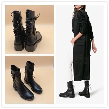 

Autumn and winter women's shoes with lace-up Martin boots women's thick heel round head sheepskin inner large