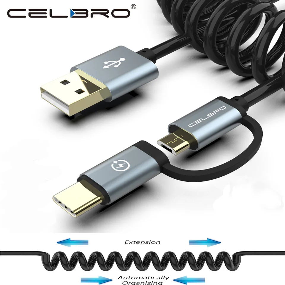 Выдвижной 2 в 1 Micro USB кабель type-C кабель для быстрой зарядки растягивающийся спиральный USB-C провод кабель Tipe C Кабо Для samsung S8 S9 S10