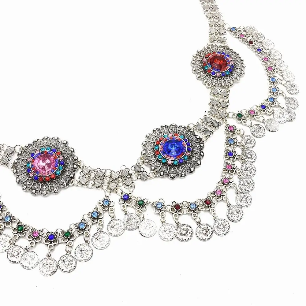 Vintage Gypsy Color Crystal Flower Coins Belt Waist Chain Women Indian Belly Dance Turkish Tribal Afghan Dress Sexy Body Jewelry