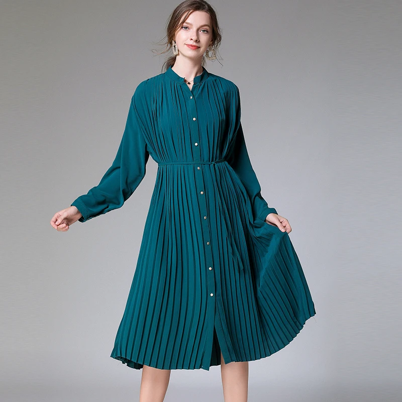 2020 Spring women elegant pleated midi dress waist belt Plus Size long sleeve female mandarin collar slimming casual vestidos | Женская
