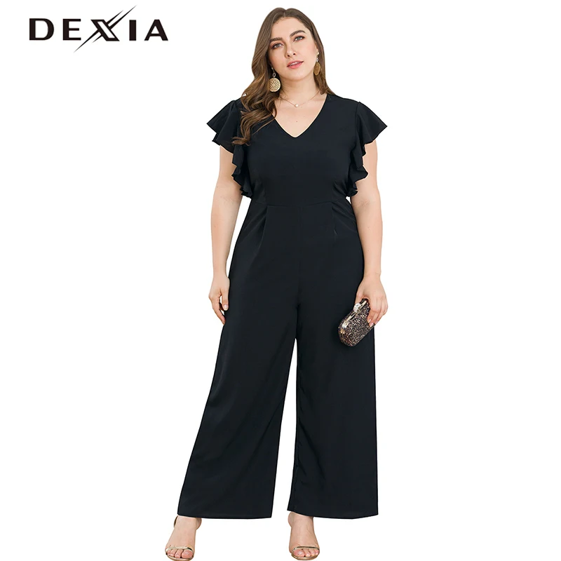 

DEXIA 3XL 4XLDeep V-Neck Black Jumpsuits Women Ruffles Loose Pants High Waist Short Sleeve Casual Vintage Party Jumpsuits Ladies