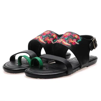 

New embroidered women shoes 2020 spring and summer leather sandals women flat sandals ladies Open Toe Roman sandals black