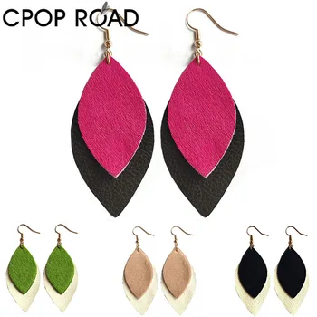

Cpop hair on cowhide leather earrings for women multicolors simple geometric double layers real leather earrings wholesale