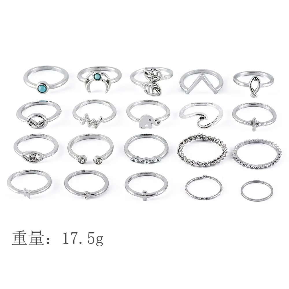 Silver Elephant Leaves Wave Moon Crystal Geometric Joint Ring Set 20pcs / set Women Wedding Party Jewelry Accessories ring set silver ring wedding rings wedding ring jewelry accessories