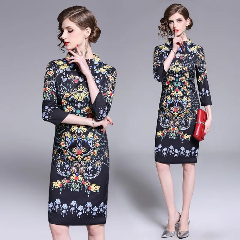 

Ozhouzhan Spring And Autumn New Style WOMEN'S Dress Retro Printed Slim Fit Fashion Medium-length Base Skirt Elegant Slimming Dre