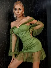 

SRUBY Winter Women Dress Mesh Long Sleeve Wrapped Chest Dress Zipper Solid Perspective Ruffled Sexy Party Dress Christmas
