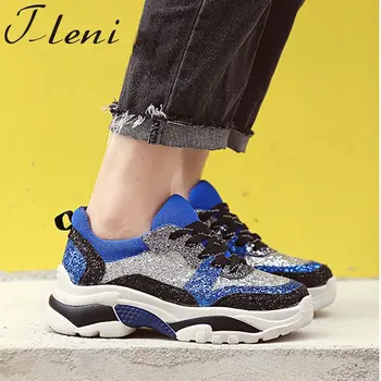 

Tleni 2018 Autumn Girl New Brand Shoes Women Glitter Sneakers Cross-tied Sequins Lady Platform Shoes Bling Breathable ZF-55