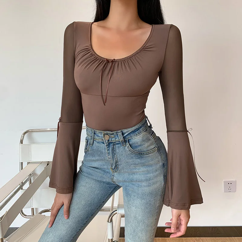

Woman Sexy Solid Color Bow Base T Shirt Mesh Splicing Slim Shirt Round Neck Long Flared Sleeve Slim Fit Top Clothing For Women