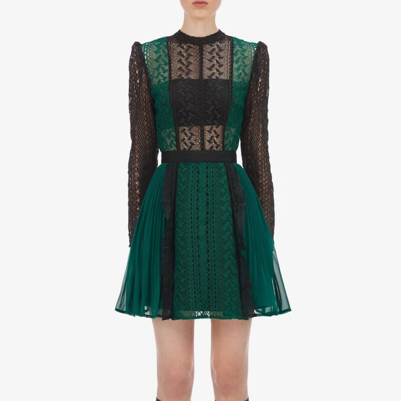 Высокое качество лето осень новая коллекция платье для автопортретов женское элегантное Плиссированное зеленое кружевное платье с длинными рукавами Vestidos - Цвет: Зеленый