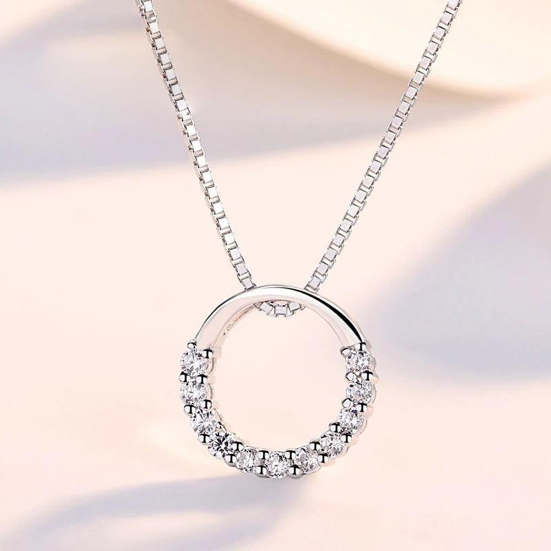 Hot Fashion Fine Round Rhinestone CZ Pendant Necklaces 925 Sterling Silver Semi Circle Zircon Choker Necklace Women Jewelry Gift