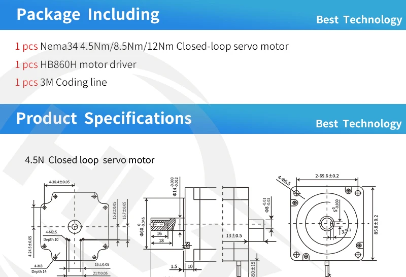 Nema34 замкнутый контур шаговый двигатель постоянного тока 6A 4.5N.m/8.5Nm/12Nm+ 2-фазный и HB860H гибридный шаговый драйвер для станка с ЧПУ